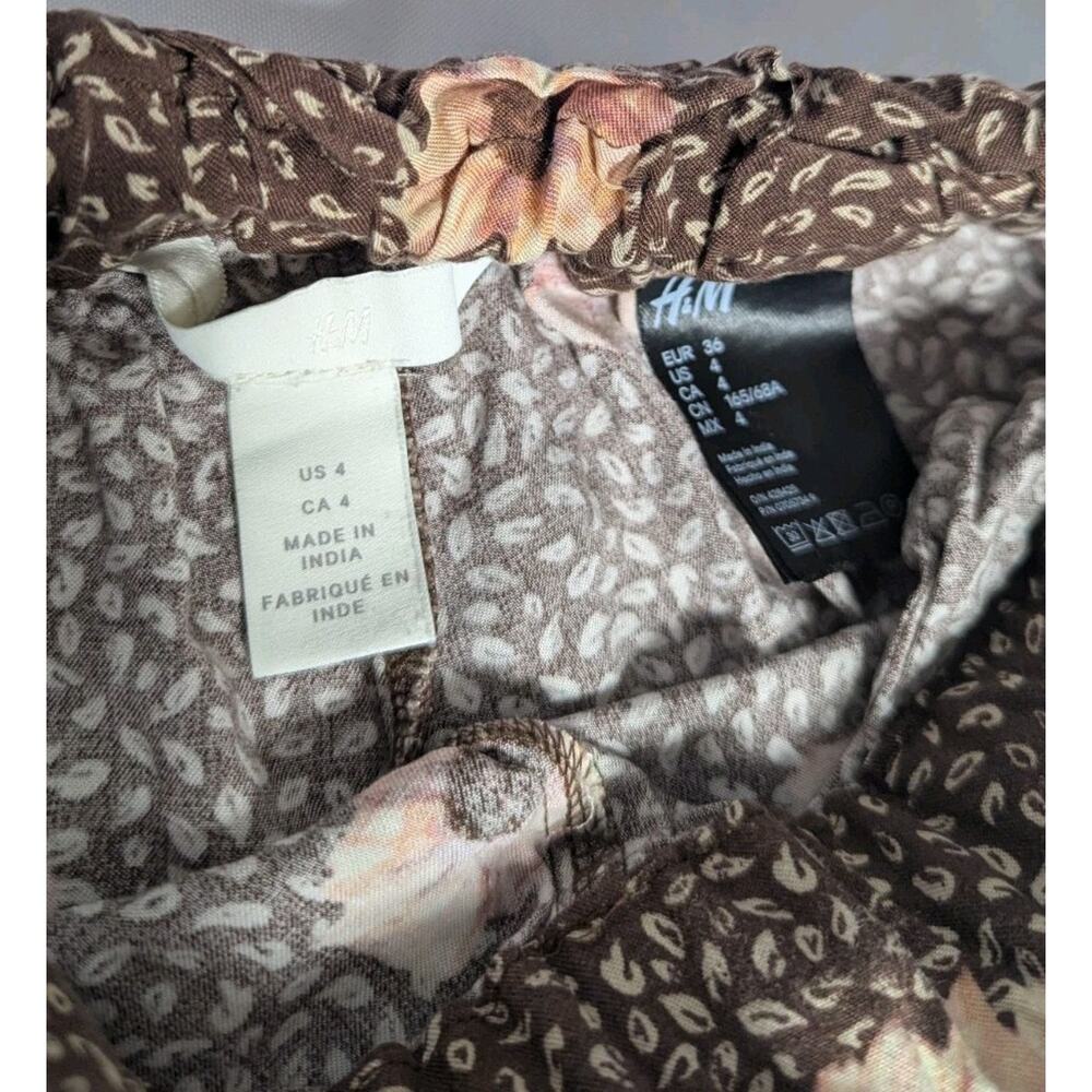 H&M Paperbag Wide Trousers Pants Floral High Rise Belted Brown Autumn Fall Sz 4 - Picture 9 of 9